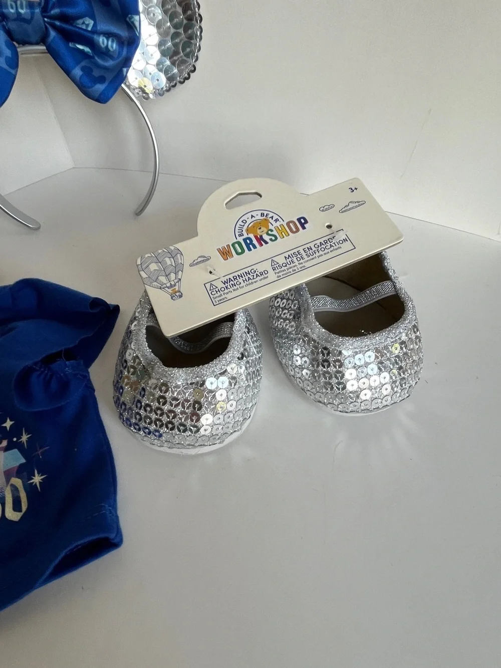 Set of Build-A-Bear Workshop blue Silver Sequin top, headband shoes accessories